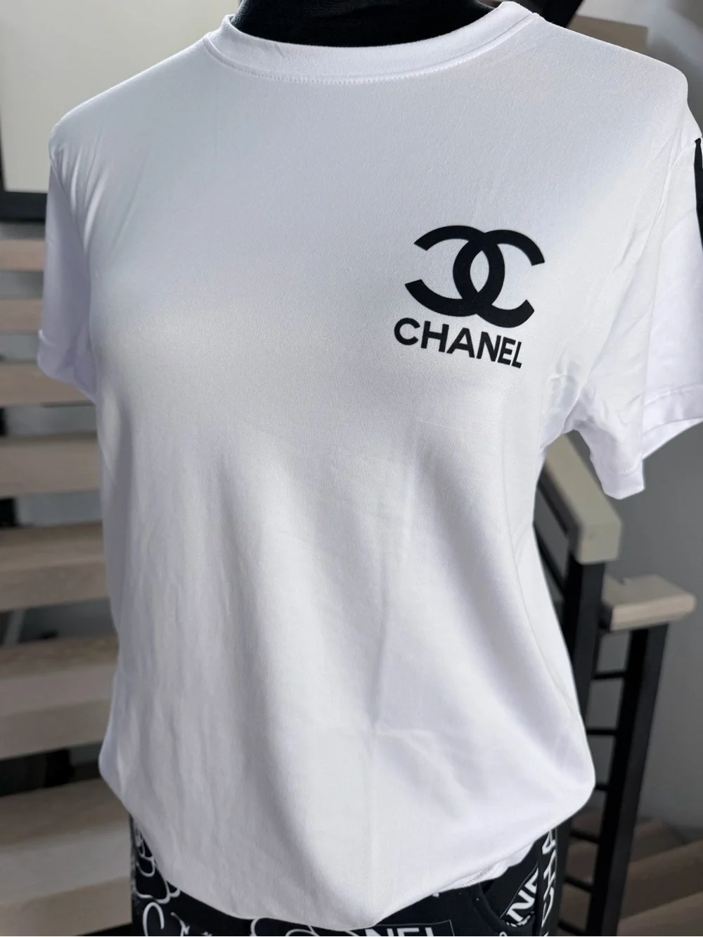 CHANEL White Tee with Black Logo & Black Printed Track Pants size S/M